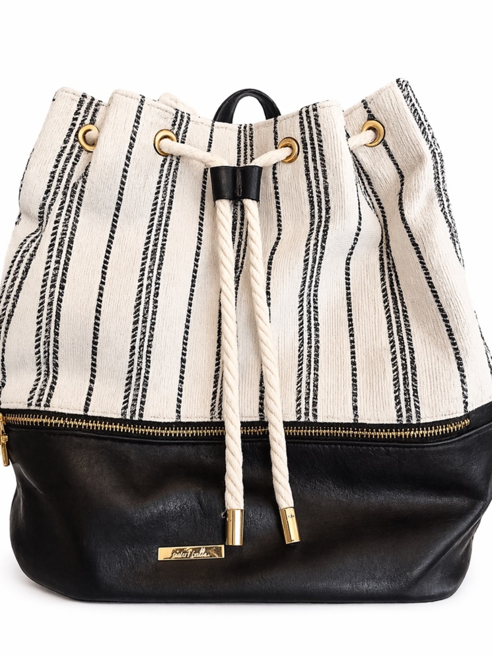 Simply Noelle Black & Cream Striped Drawstring Backpack
